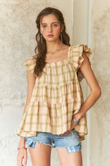 ADORA Women's Ruffled Square Neck Cap Sleeve Babydoll Blouse - 100% Cotton