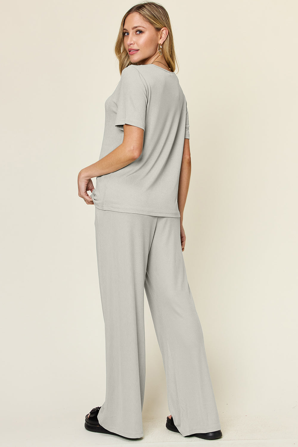 Women's Basic Style Two-Piece Set: Round Neck T-Shirt & Wide Leg Pants