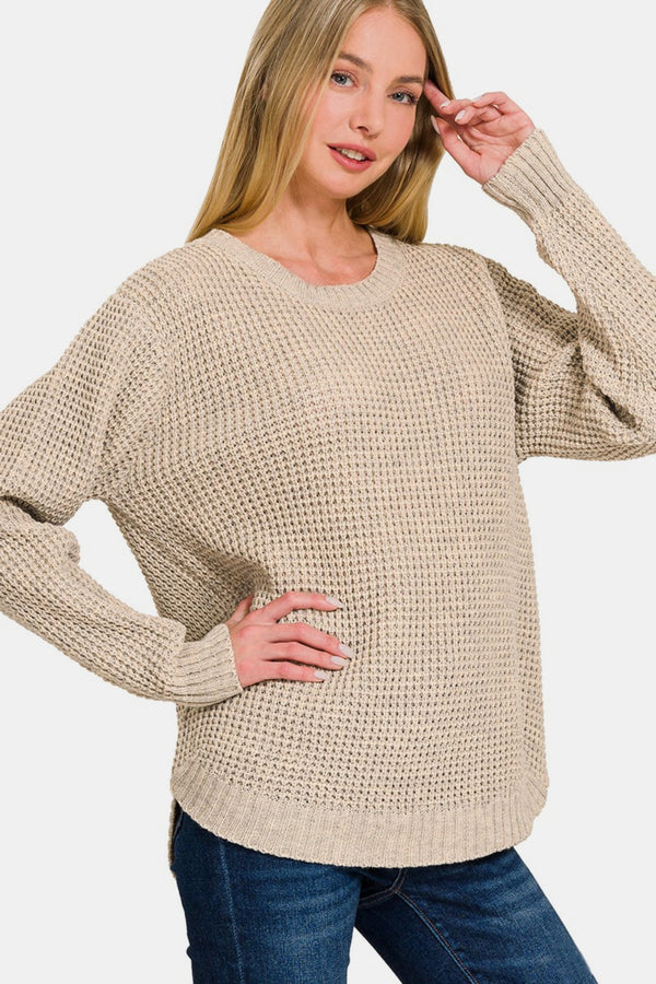 Zenana High Low Long Sleeve Waffle Sweater