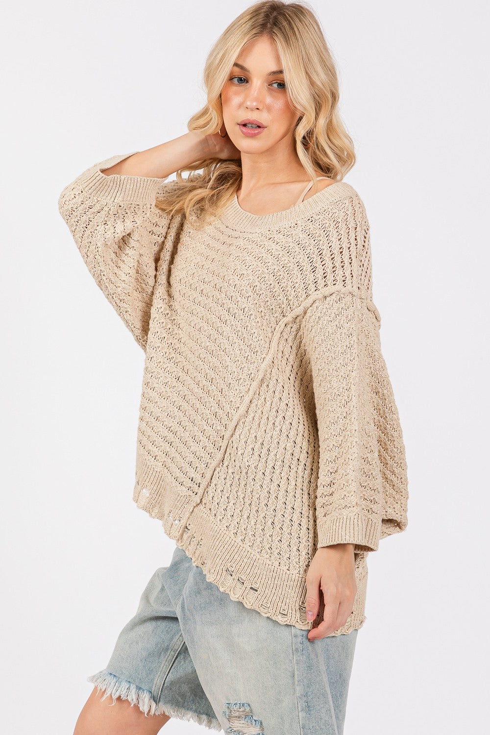SAGE + FIG Women's Distressed Asymmetrical Open Stitch Sweater - Trendy & Comfortable Pullover