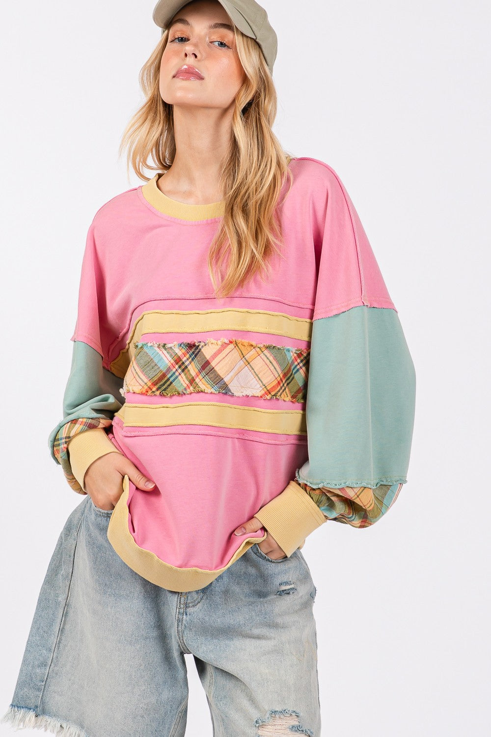 Trendy Mineral Wash Raw Edge Color Block Sweatshirt with Plaid Print