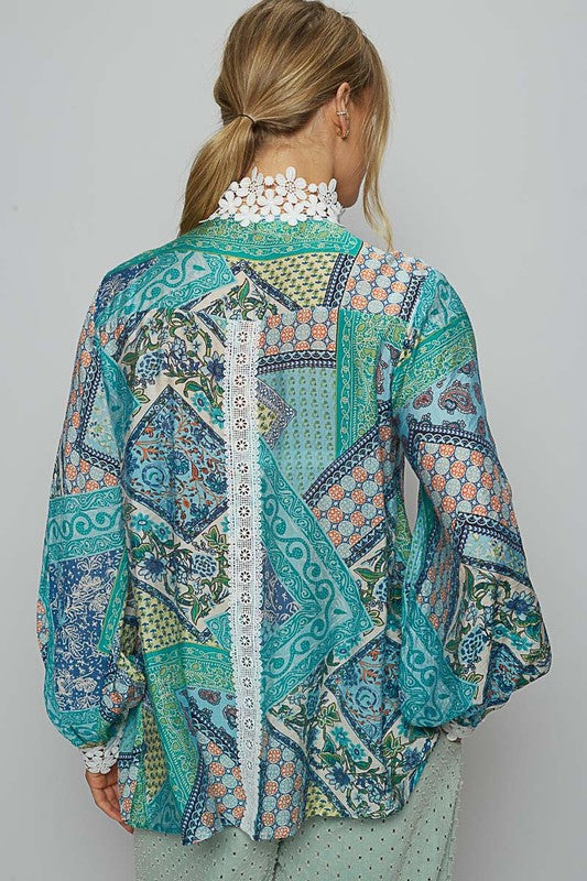 Women's Lace Detail Printed Button Down Shirt by POL - Elegant & Versatile