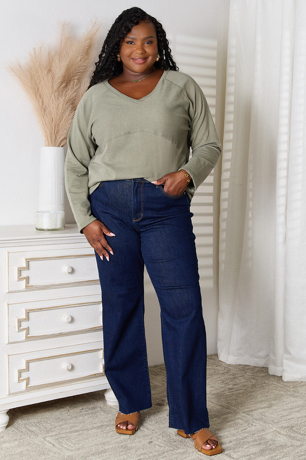 Culture Code Full Size V-Neck Long Sleeve T-Shirt - Versatile Wardrobe Essential