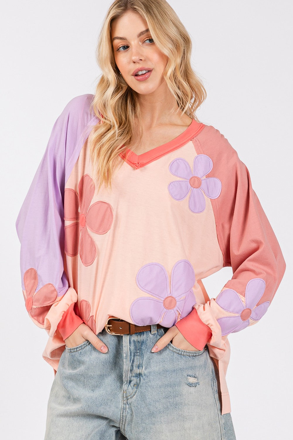 SAGE + FIG Daisy Applique Color Block Long Sleeve Cotton Top