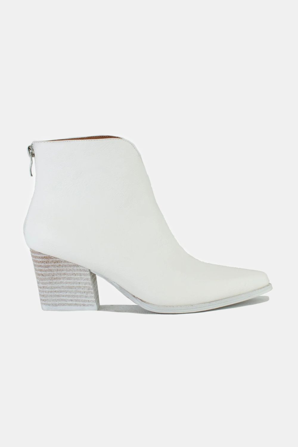 Stylish white PU leather block heel boots with back zipper for a modern look and comfortable wear.