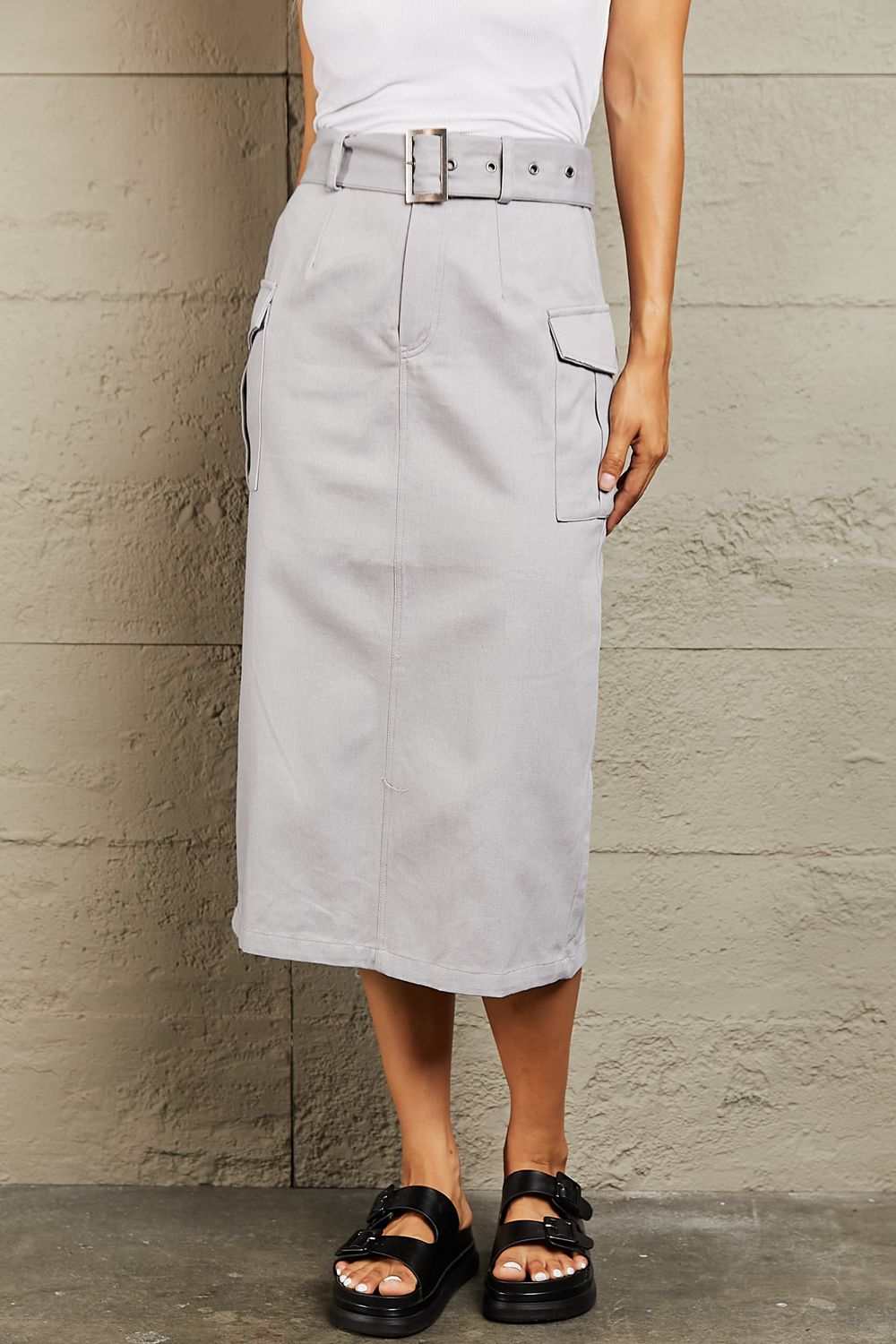 HYFVE Professional Poise Buckled Midi Skirt - Chic High Waist Women's Cargo Skirt