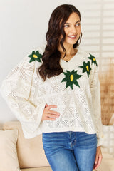 Luxurious Chenille Floral Embroidered V-Neck Sweater by POL