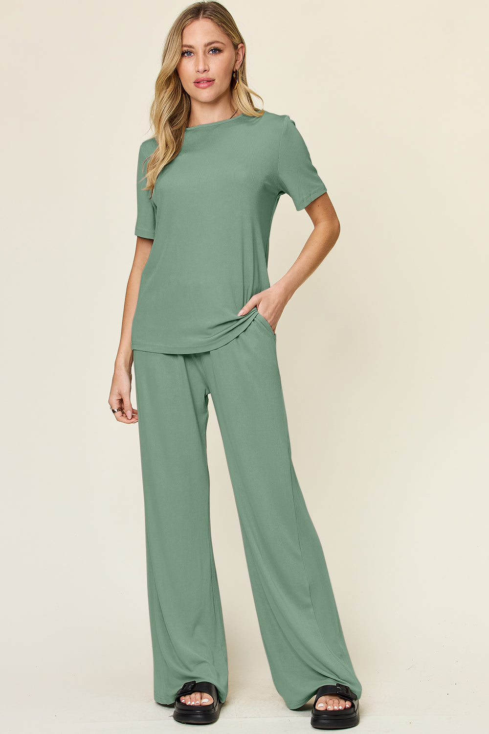 Women's Basic Style Two-Piece Set: Round Neck T-Shirt & Wide Leg Pants