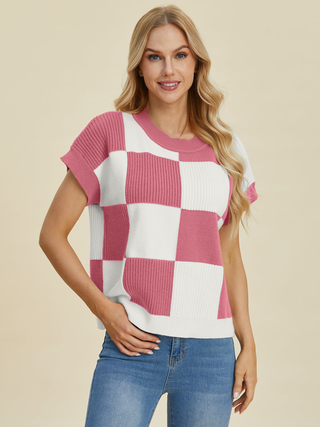 Stylish Checkered Round Neck Short Sleeve Sweater - Double Take Collection
