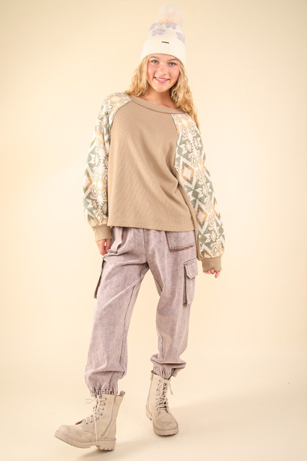 VERY J Women's Stylish Round Neck Knit Top - Printed Long Sleeve, Cozy Comfort