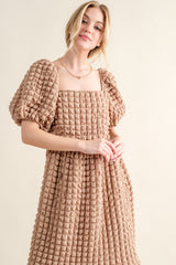 Elegant Full Size Square Neck Puff Sleeve Dress - Smocked & Opaque