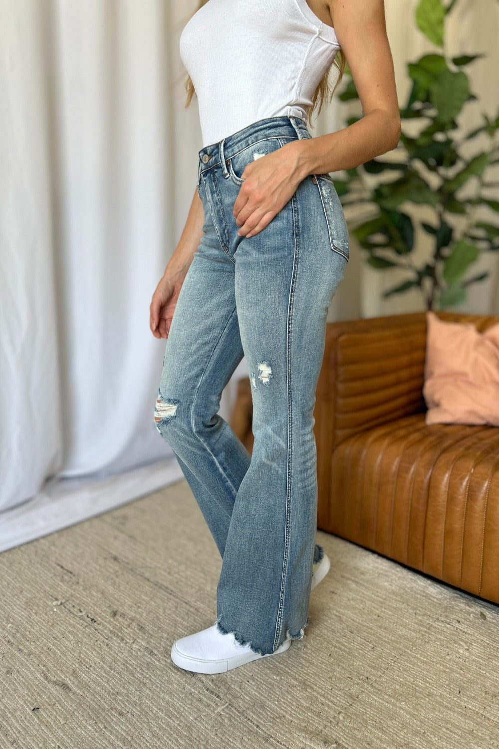 Judy Blue Women's Distressed Tummy Control Flare Jeans - Medium Rise Denim