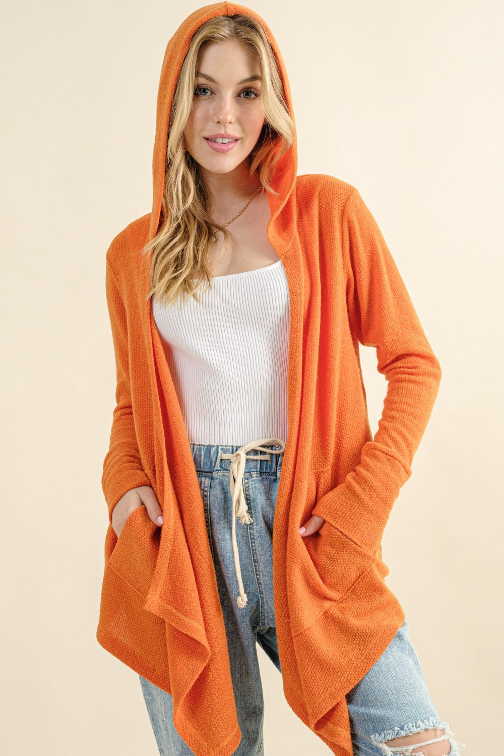 And The Why Full Size Thermal Hooded Open Front Cardigan with Convenient Pockets