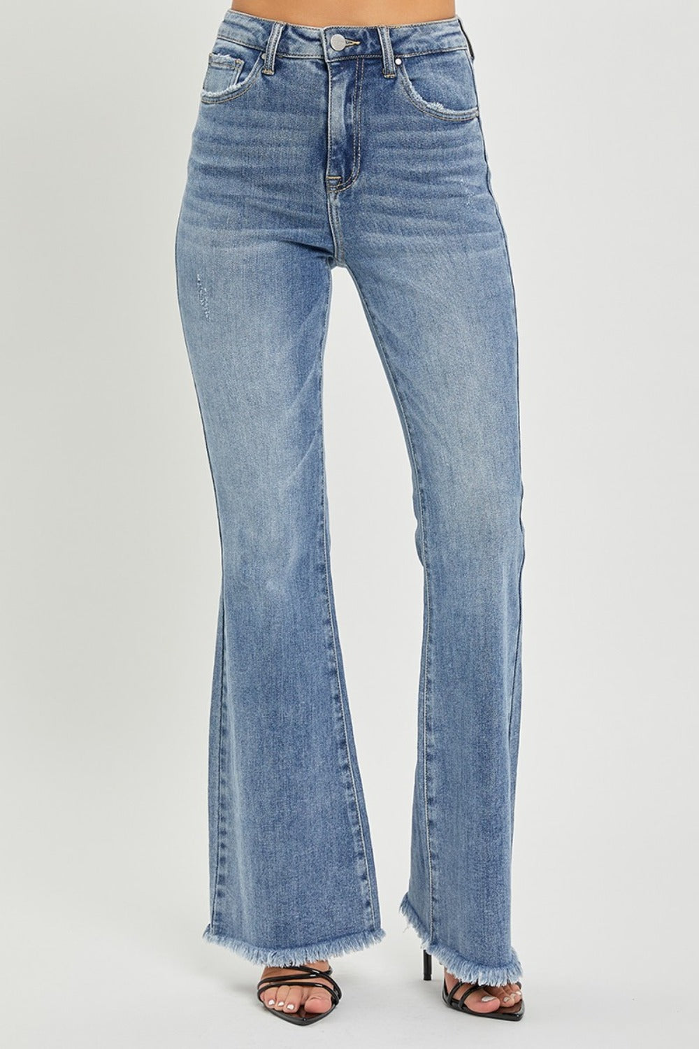 RISEN Women's High Waist Raw Hem Flare Jeans - Retro Chic Denim for Fashion-Forward Styles