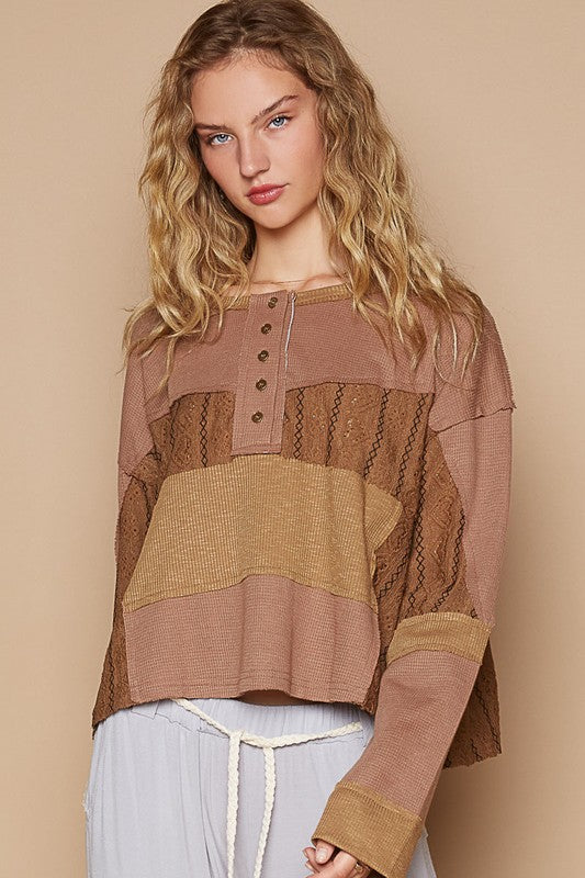 POL Women's Color Block Drop Shoulder Knit Top - Stylish Half Button Design