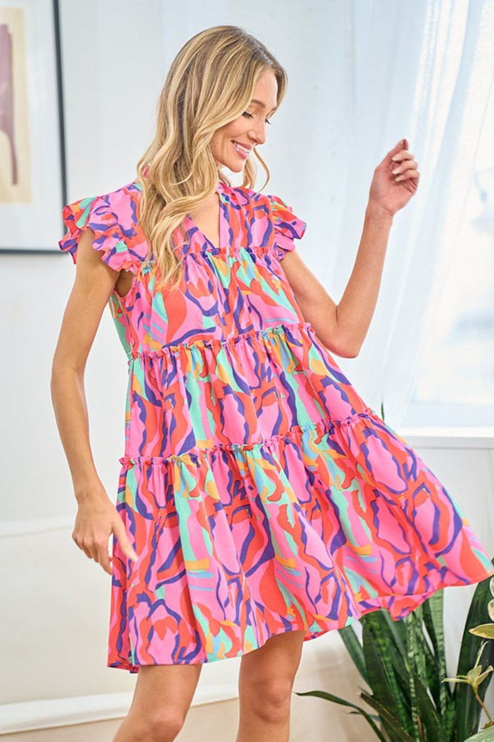 First Love Full Size Ruffle Cap Sleeve Tiered Dress - Chic Printed Design