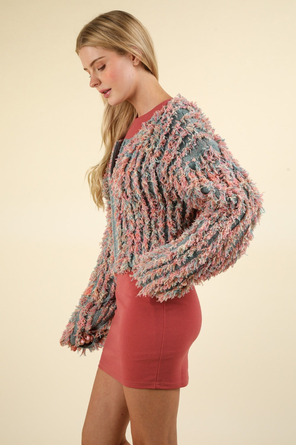 VERY J Shaggy Yarn Knit Zip Up Jacket - Cozy & Festive Holiday Outerwear
