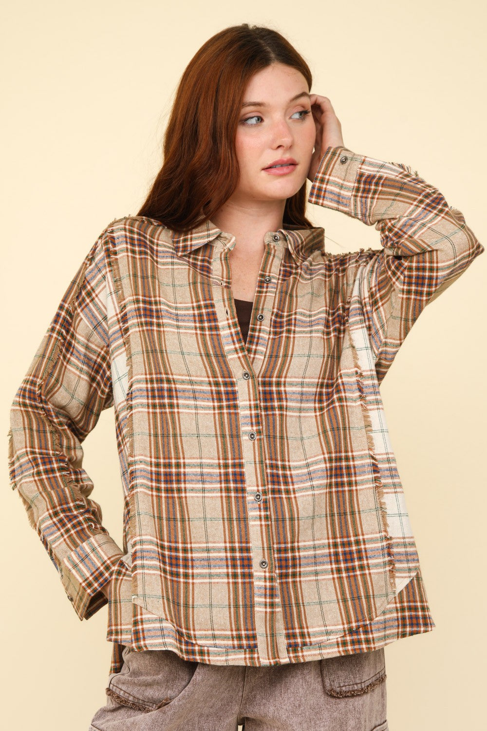 Chic Fall Fashion: VERY J Women's Contrast Plaid Raw Edge Shirt