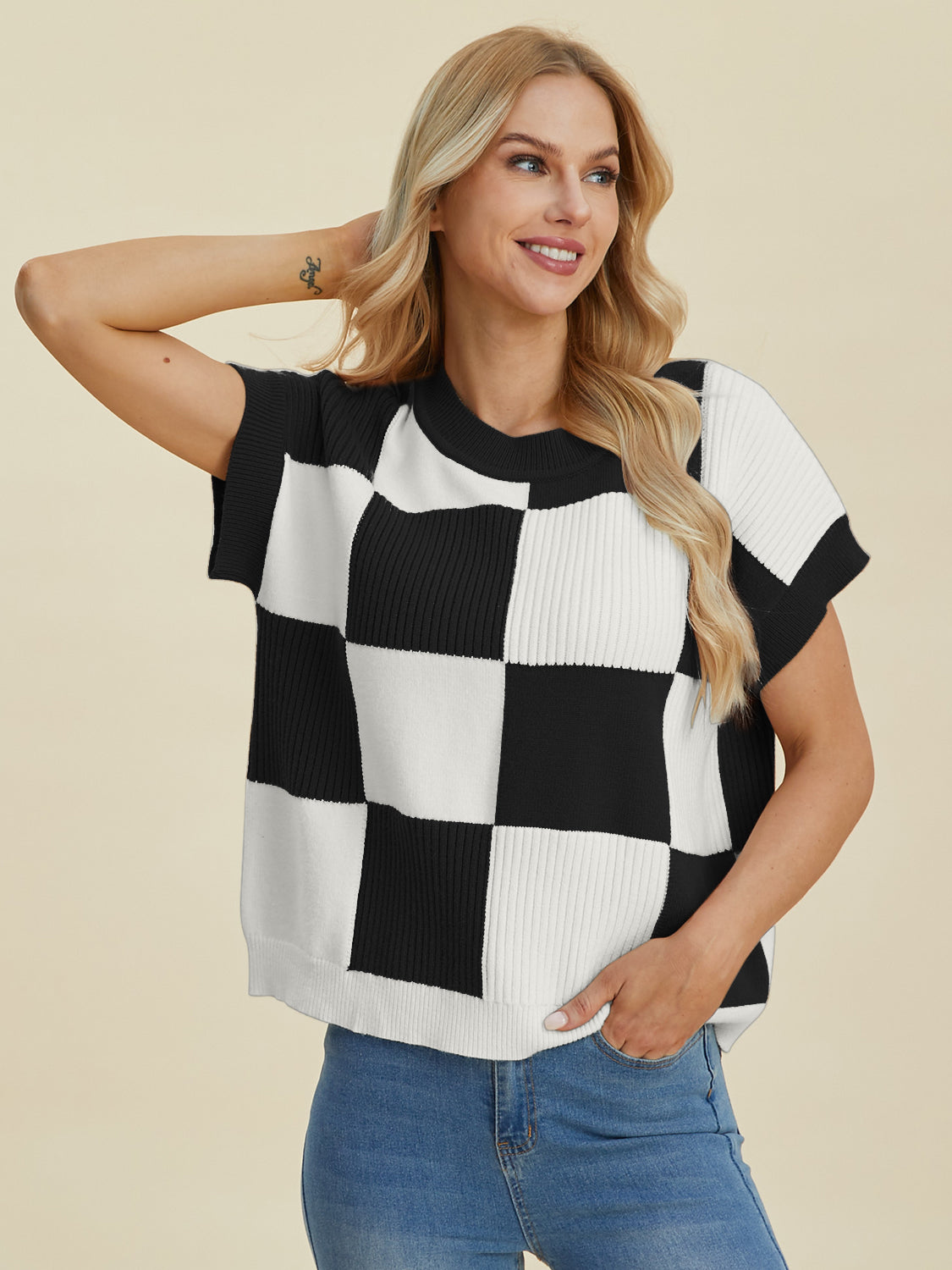 Stylish Checkered Round Neck Short Sleeve Sweater - Double Take Collection