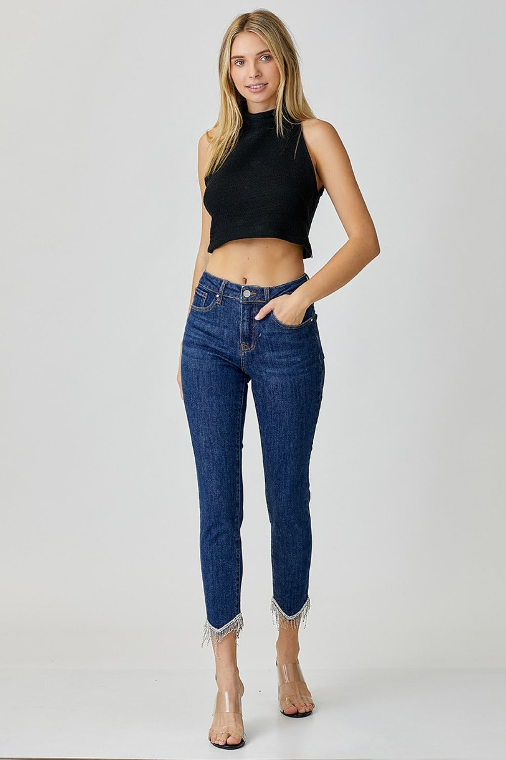 RISEN Embellished Mid Rise Crop Skinny Jeans - Trendy & Comfortable Denim