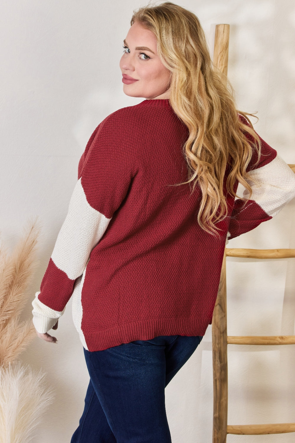 Hailey & Co Full Size Color Block Dropped Shoulder Knit Top - Stylish & Comfortable