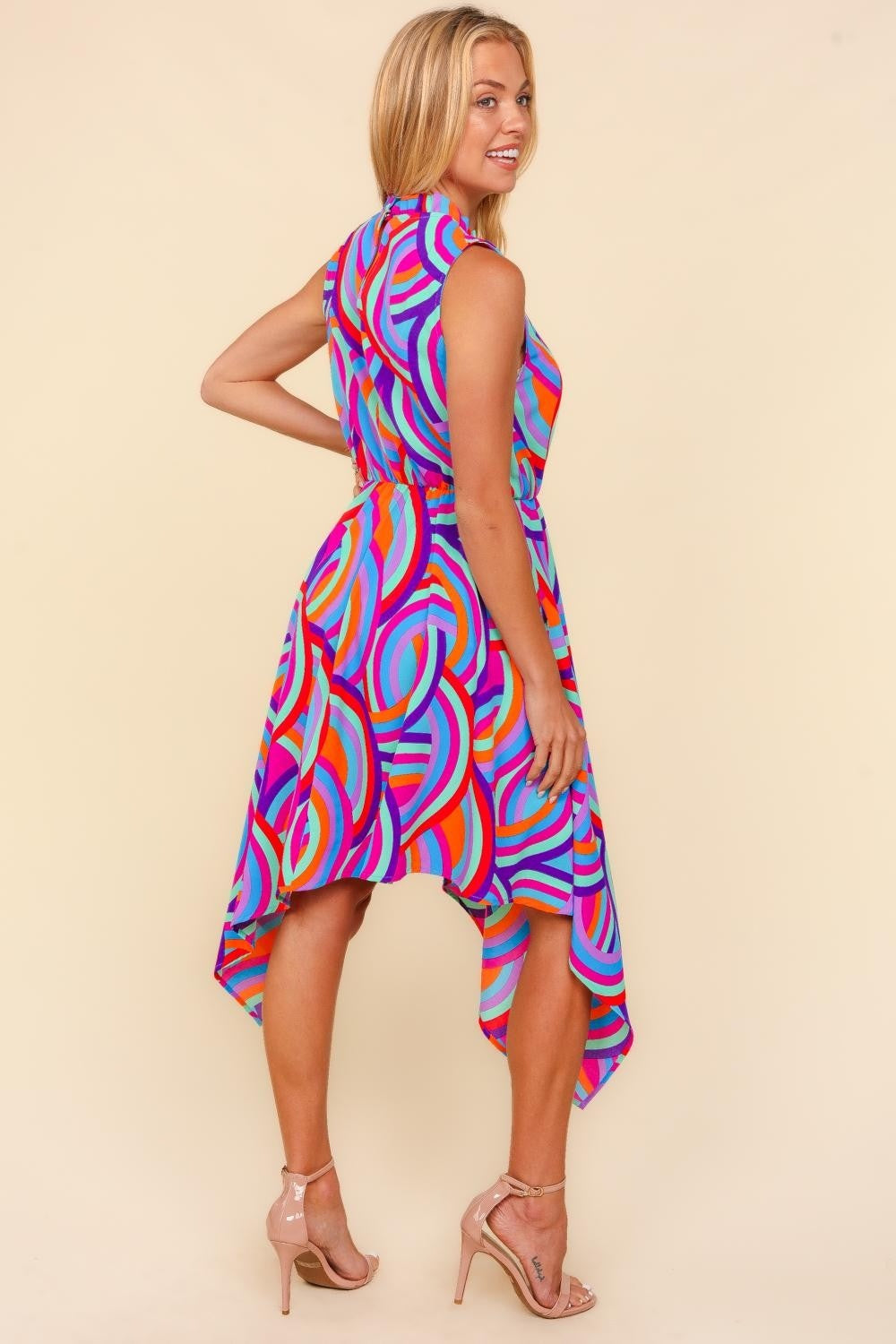 Haptics Full Size Geometric Print Mock Neck Sleeveless Dress with Pockets