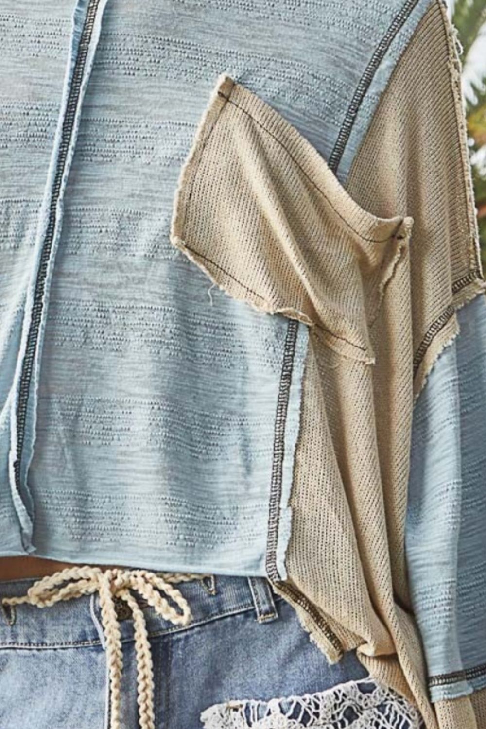 POL Women's Round Neck Contrast Stitching High-Low Cotton Top