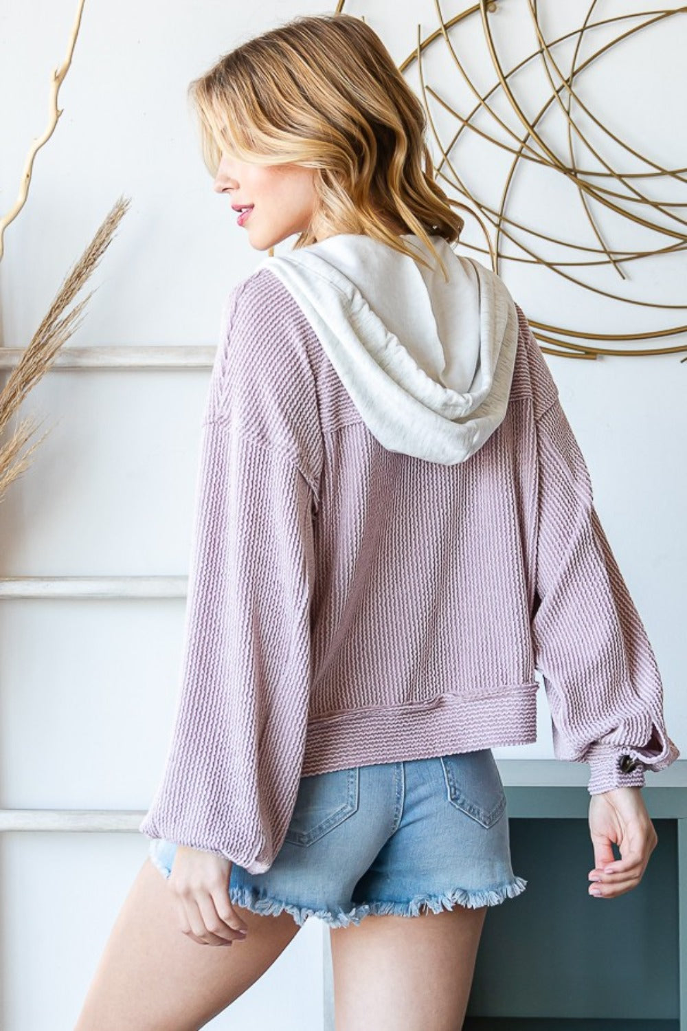 Reborn J Contrast Hooded Ribbed Jacket with Button Down - Chic & Versatile Outerwear