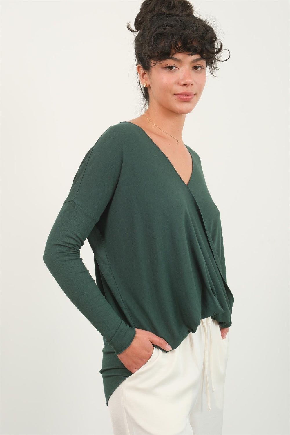 HYFVE Draped Drop Shoulder Long Sleeve Top - Elegant Surplice Design for Versatile Styling