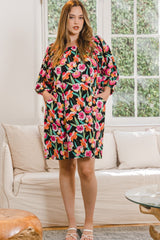 Women's Full Size Floral Puff Sleeve Mini Dress - Romantic & Stylish