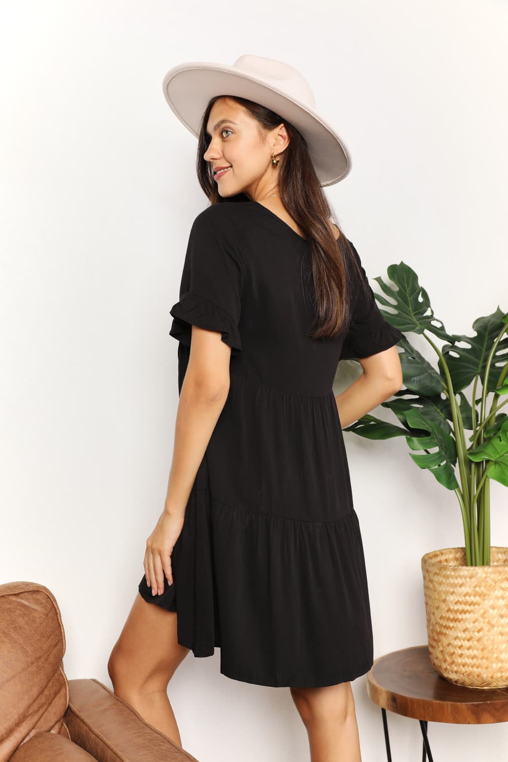 Elegant V-Neck Flounce Sleeve Tiered Dress - Perfect for Every Occasion
