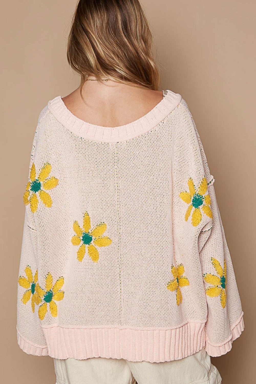 POL Women's V-Neck Chenille Sweater with Floral Pattern - Chic & Cozy Style