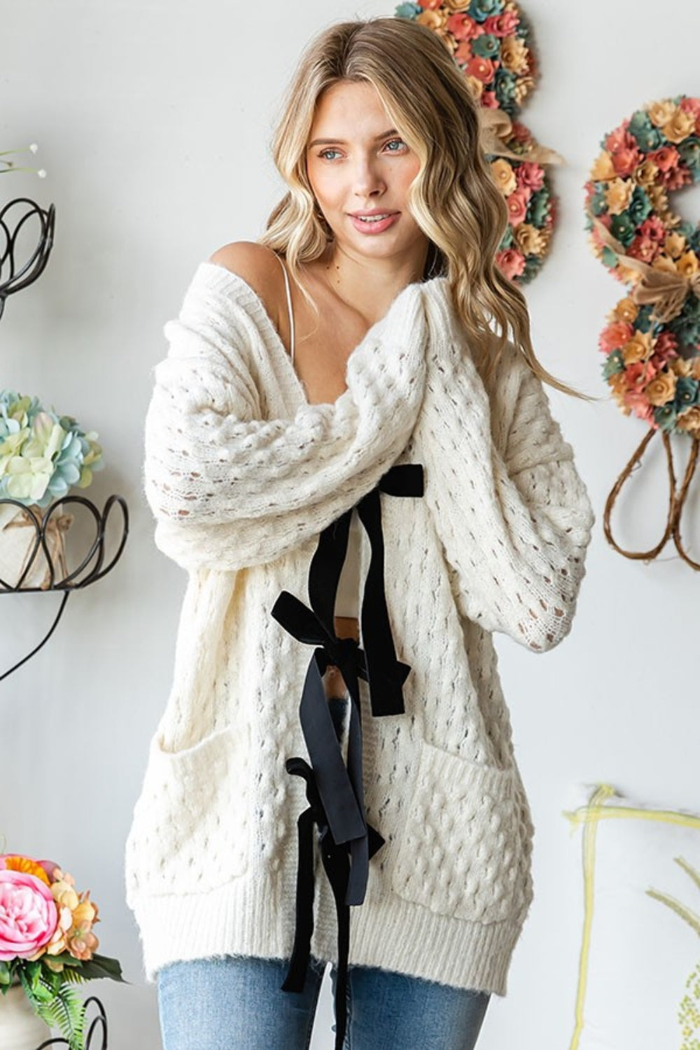 First Love Women's Tie Closure Open Knit Cardigan with Pockets