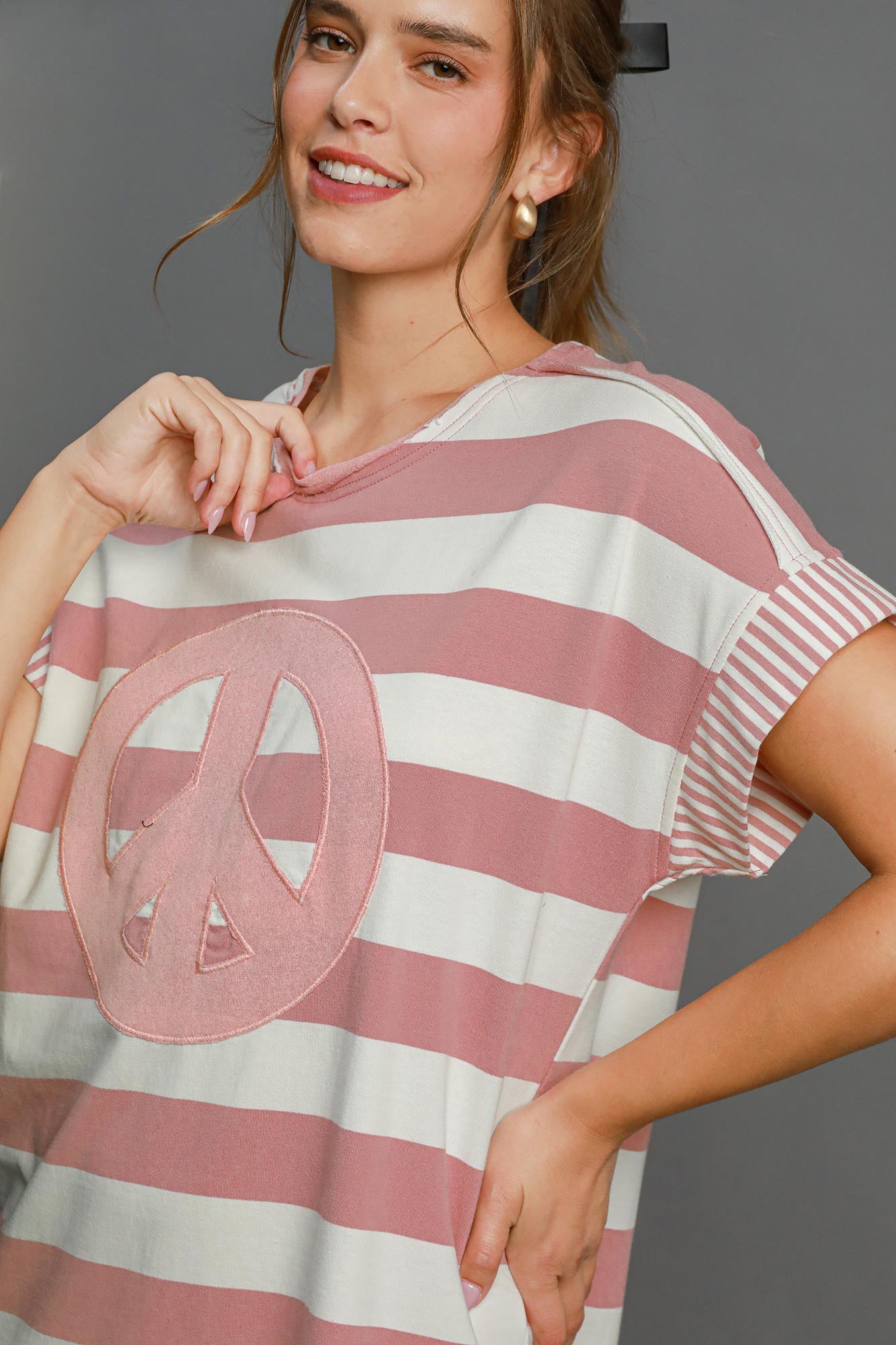 Umgee Peace Sign Applique Striped Short Sleeve Mini Dress | Casual & Trendy
