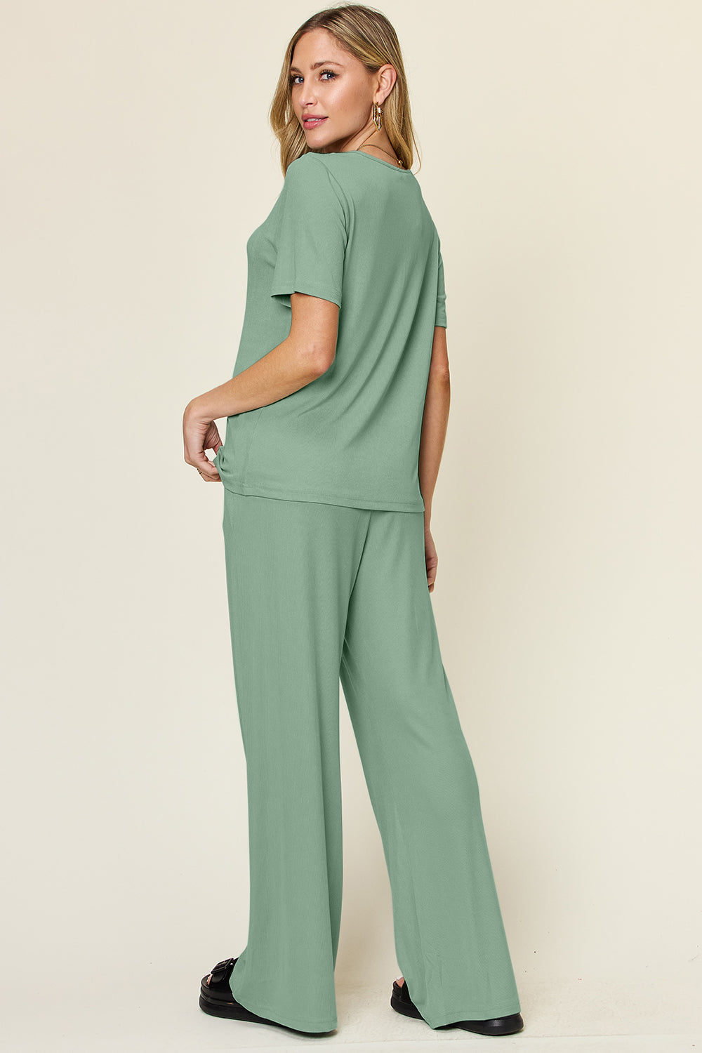 Women's Basic Style Two-Piece Set: Round Neck T-Shirt & Wide Leg Pants