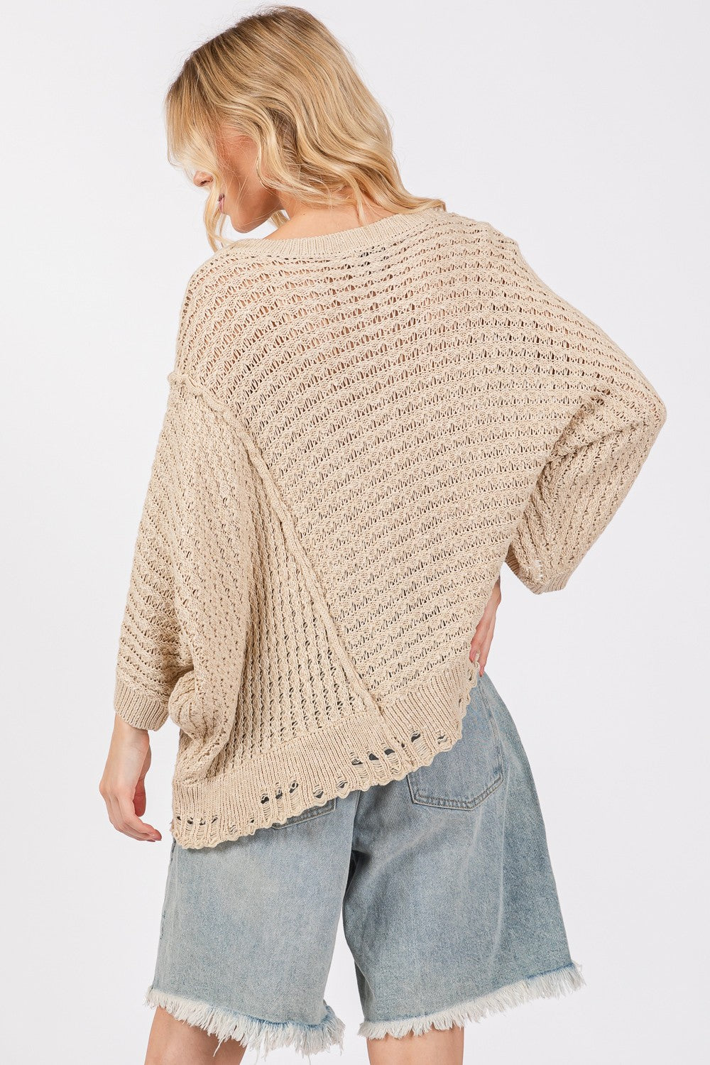 SAGE + FIG Women's Distressed Asymmetrical Open Stitch Sweater - Trendy & Comfortable Pullover