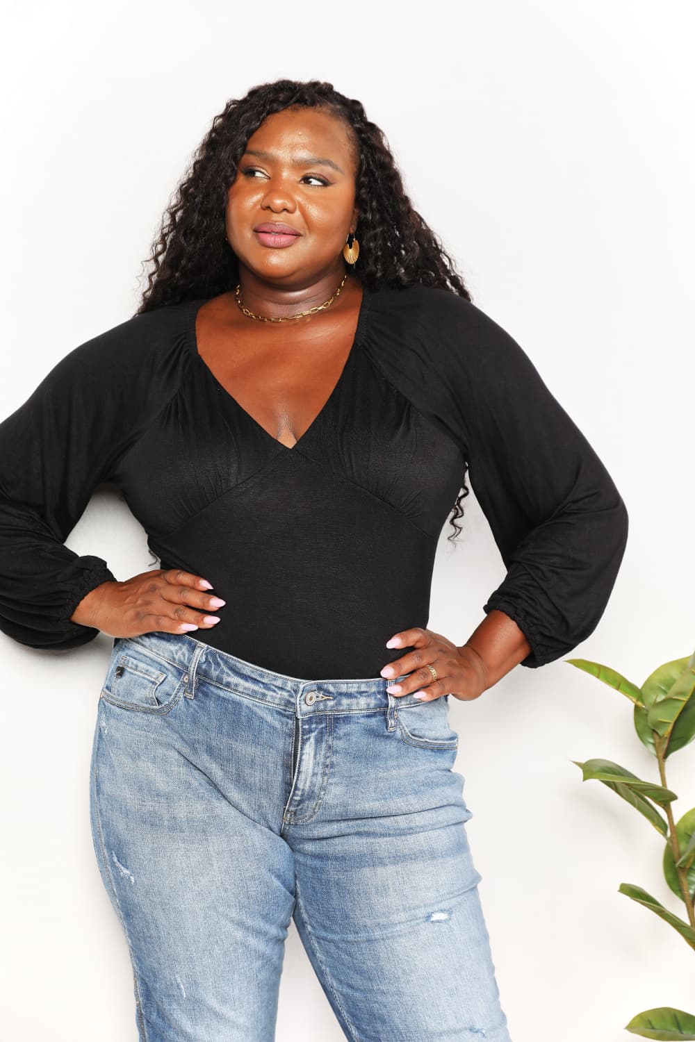 Culture Code Full Size V-Neck Bodysuit with Poet Sleeves - Modern & Elegant