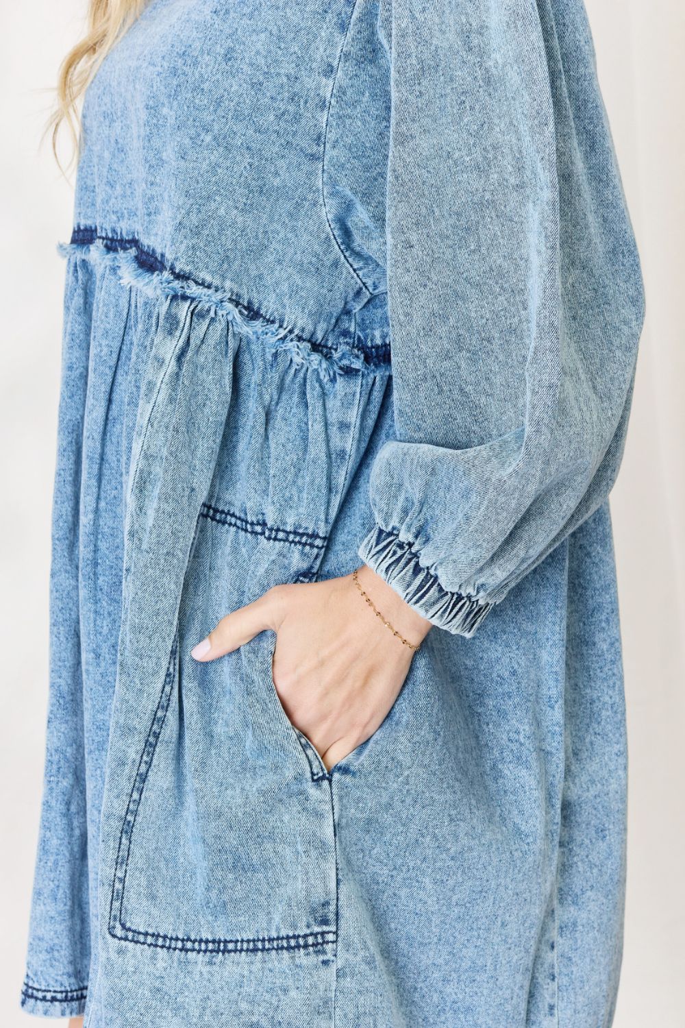 HEYSON Oversized Denim Babydoll Dress - Full Size Trendy Balloon Sleeve