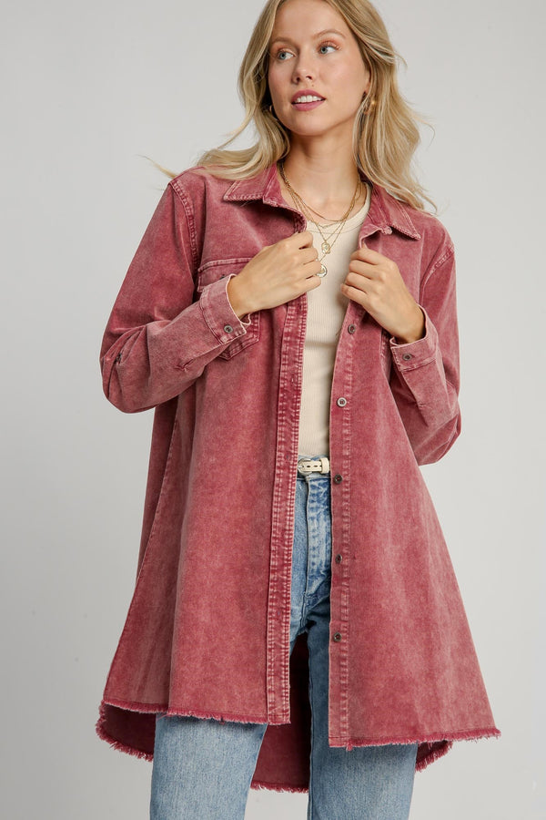 Umgee Raw Hem Button Down Denim Jacket with Chest Pockets