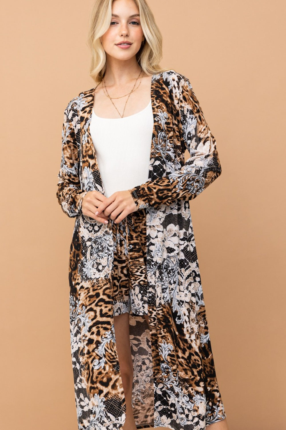 Chic Leopard Print Kimono Open Front Longline Cardigan for Women