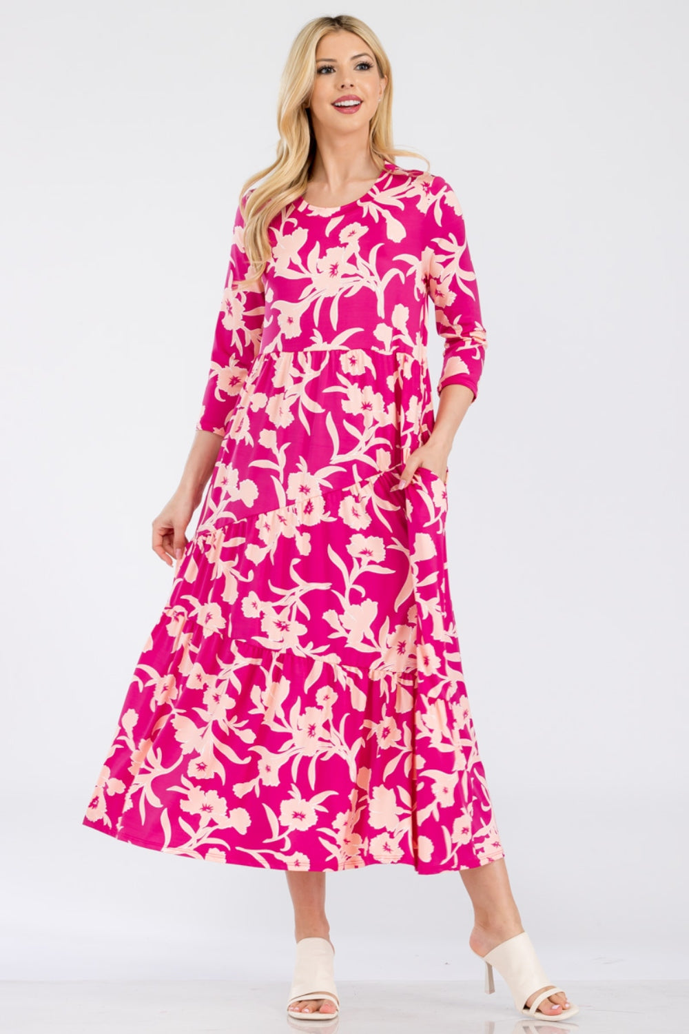 Celeste Full Size Floral Dress with Round Neck and Ruffle Hem – Elegant and Feminine