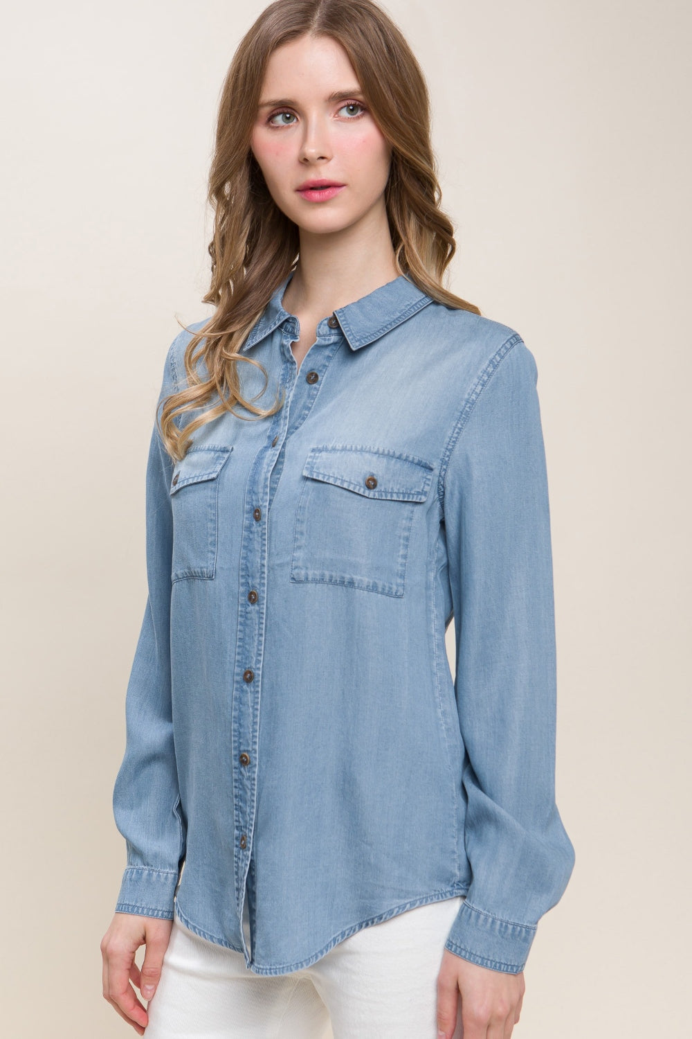 Stylish Scooped Hem Button Up Denim Shirt by Love Tree