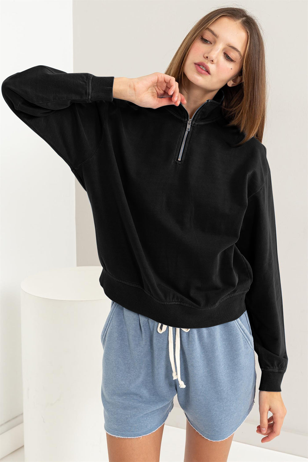 HYFVE Women's Half Zip Drop Shoulder Cotton Sweatshirt - Perfect for Workout & Casual Wear