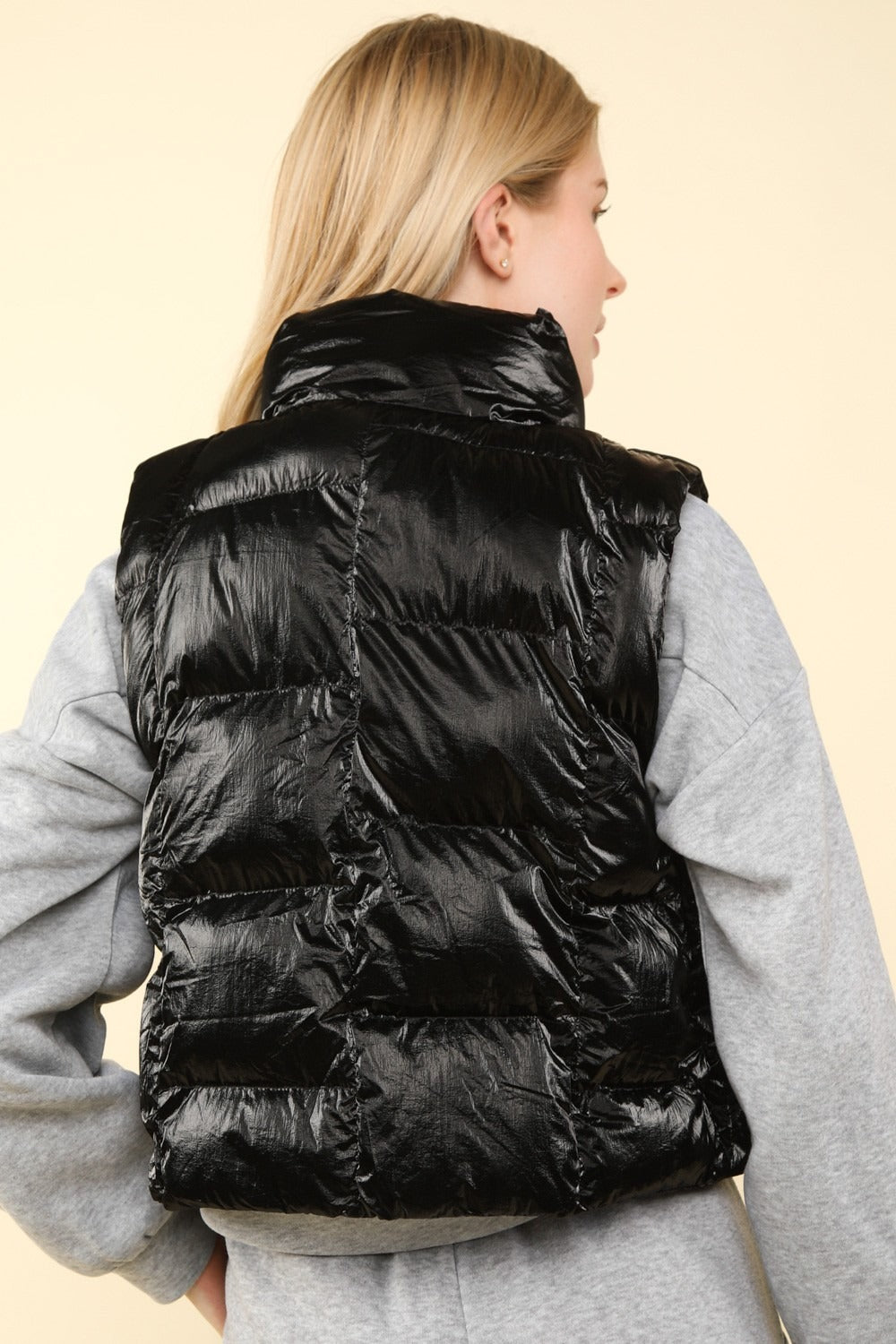 VERY J Shiny Metallic Zip-Up Puffer Vest - Stylish Winter Essential