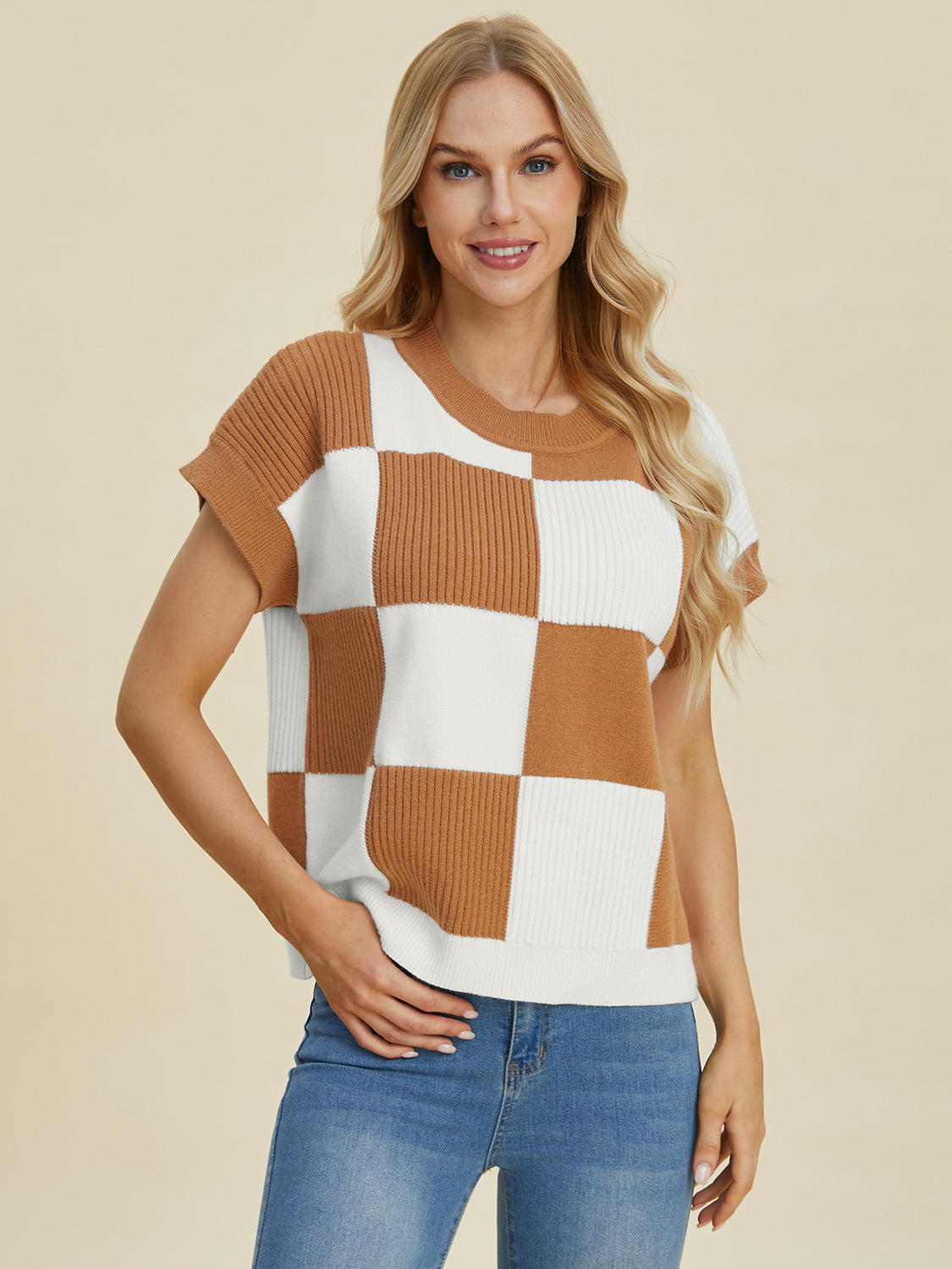 Stylish Checkered Round Neck Short Sleeve Sweater - Double Take Collection