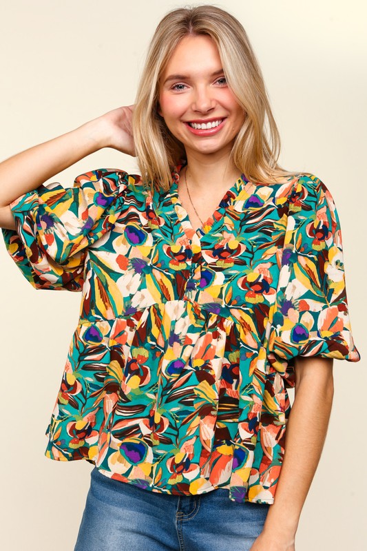 Haptics Full Size Frill Floral Puff Sleeve Peplum Blouse - Elegant & Romantic Women's Top