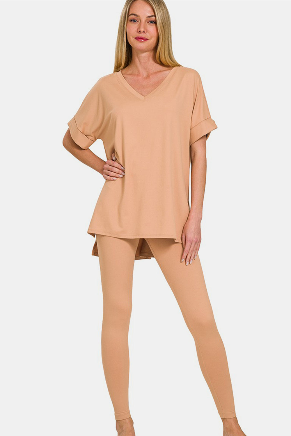 Zenana Full Size V-Neck Rolled Sleeve T-Shirt & Leggings Lounge Set - Comfort & Style