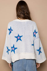 POL Women's V-Neck Long Sleeve Star Patch Sweater - Trendy Color-Block Design