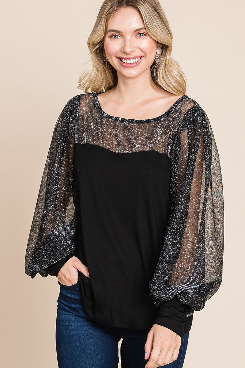 Super Lady Metallic Mesh Lantern Sleeve Blouse - Elegant Full Size Fit for Every Occasion