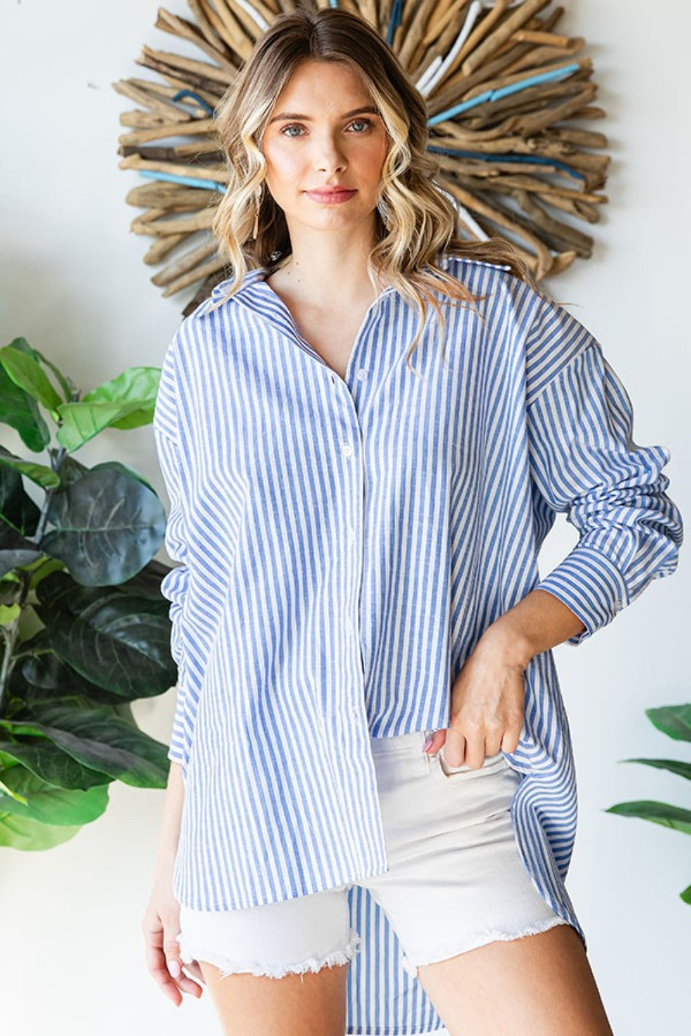 First Love Women's Striped Button Down Shirt with High-Low Hem - 100% Cotton
